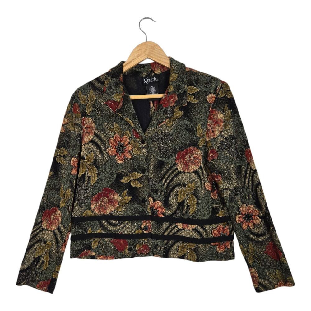 VTG K Petite Collection Jacket Sz 12P Green Multi Floral Button Front Open Back